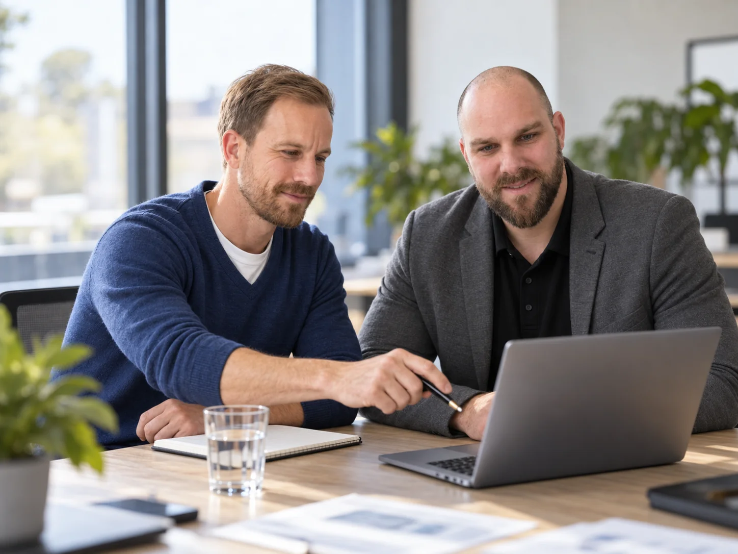 Frederic Baltes und David Rofall besprechen eine Aufgabe am Laptop – KI-generiertes Symbolbild.